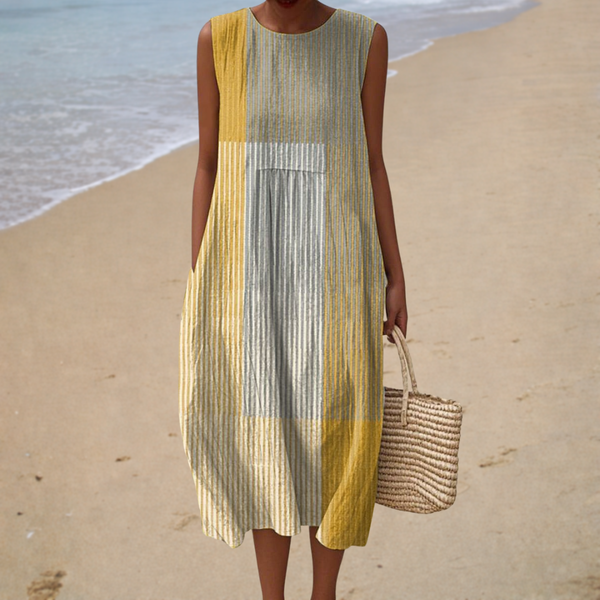 Vestido sin Mangas Crudo con Rayas Amarillas