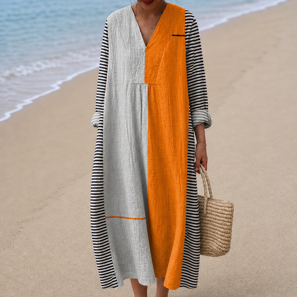 Vestido Gris con Panel Naranja y Rayas