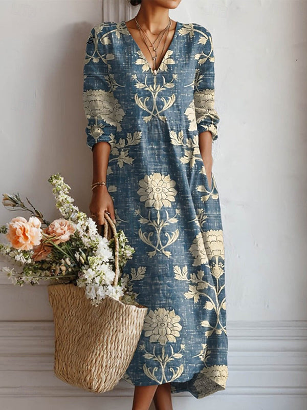 Vestido Largo Azul con Estampado Damasco