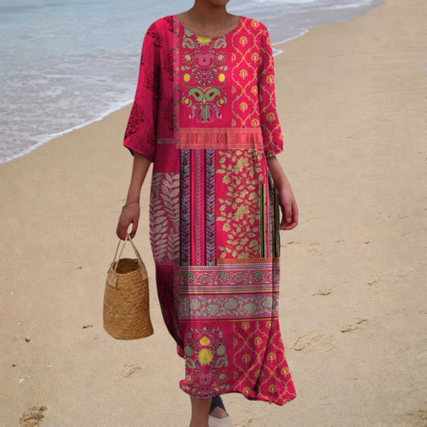 Vestido Largo Fucsia con Estampado Étnico
