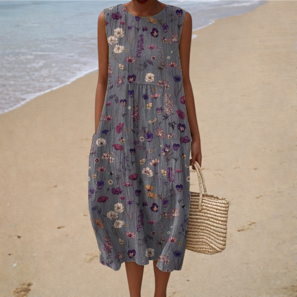 Vestido sin Mangas Gris con Florecillas