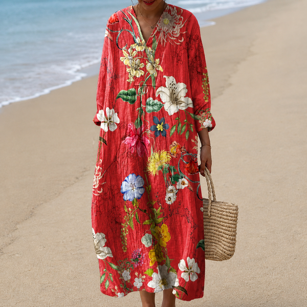 Vestido Rojo con Flores Blancas y Azules