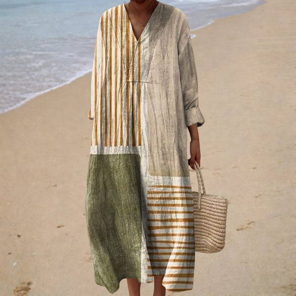 Vestido de Verano Beis con Rayas y Retales