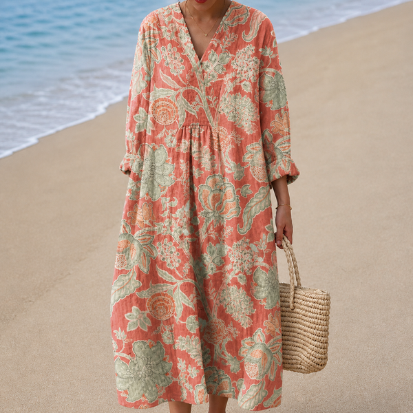 Vestido Coral con Cachemir Ornamental