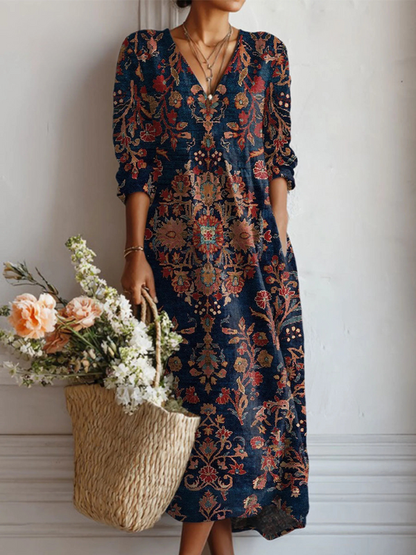 Vestido Largo Marino con Flores Ornamentales