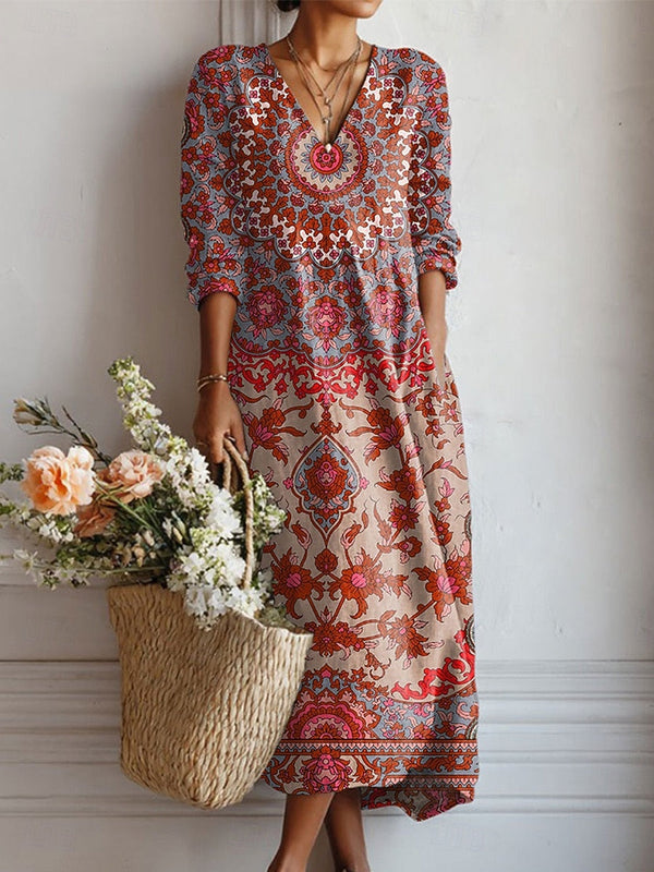 Vestido Largo Rojo con Medallones Étnicos