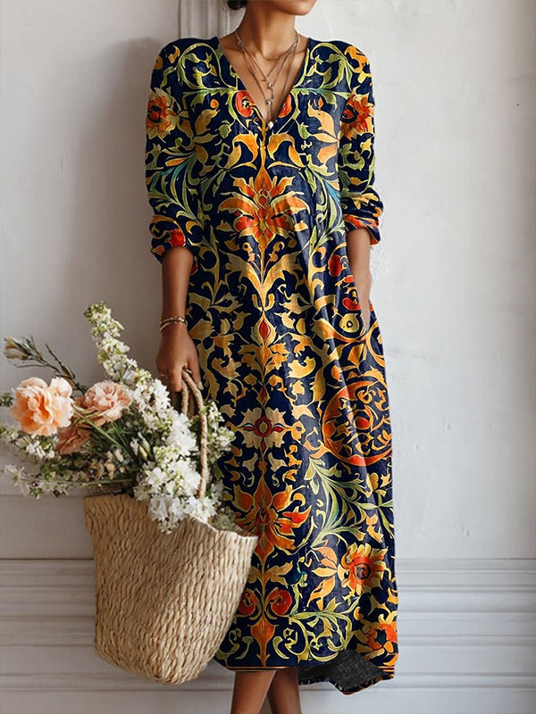 Vestido Largo Marino con Flores Doradas